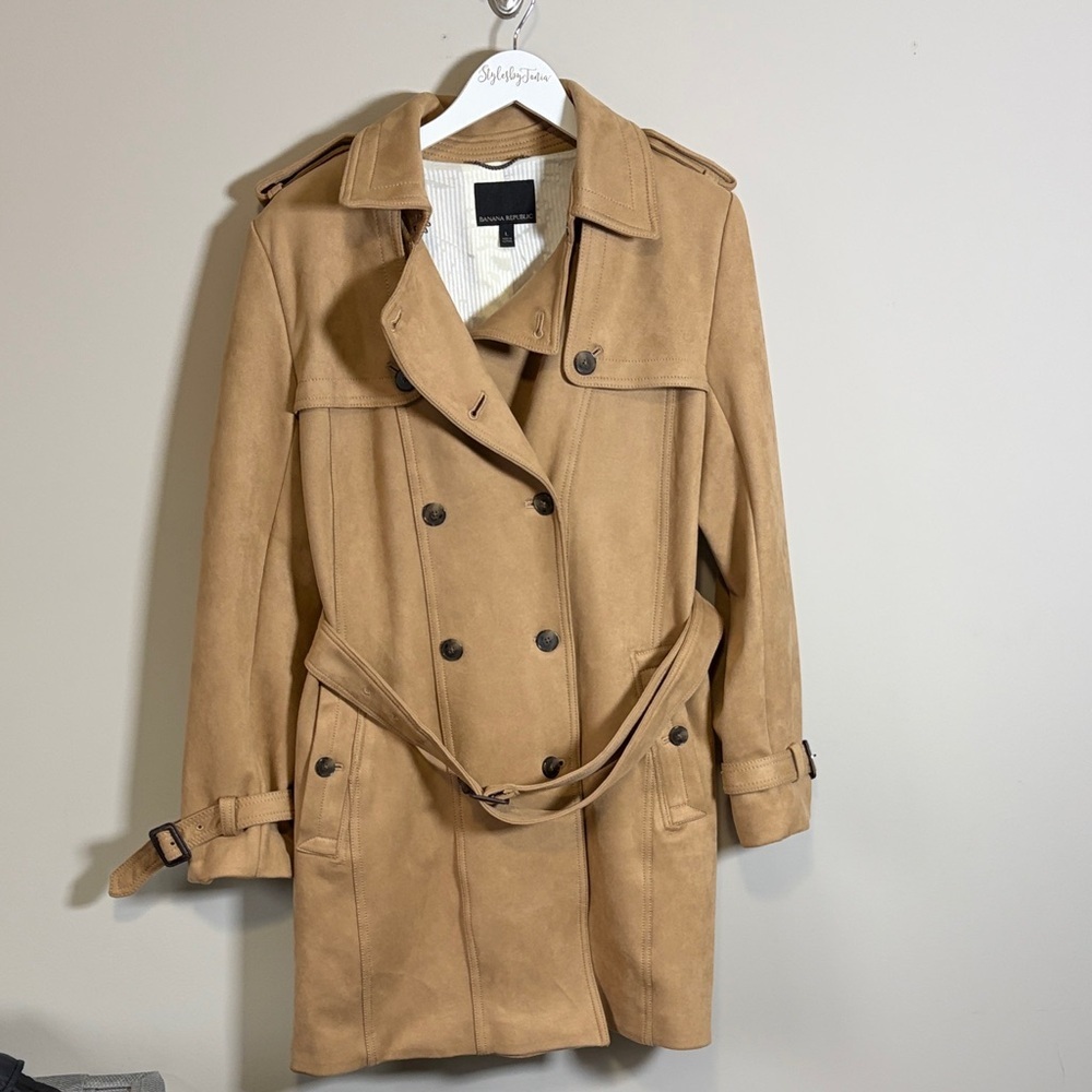 Banana Republic Classic Trench Suede Coat Tan Brown Belt Pockets Sz L - Picture 3 of 13